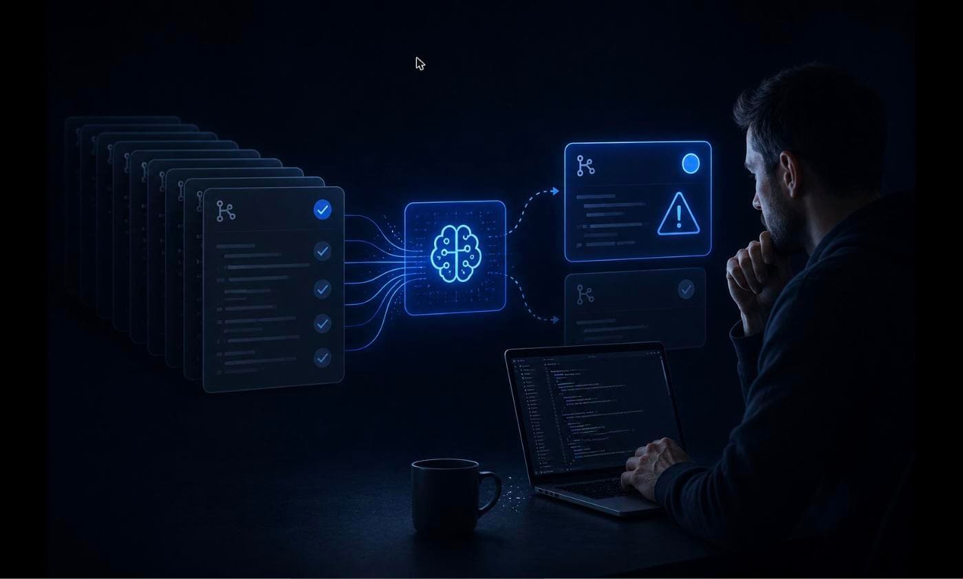 A senior engineer reviewing a critical PR while AI automatically processes the queue
