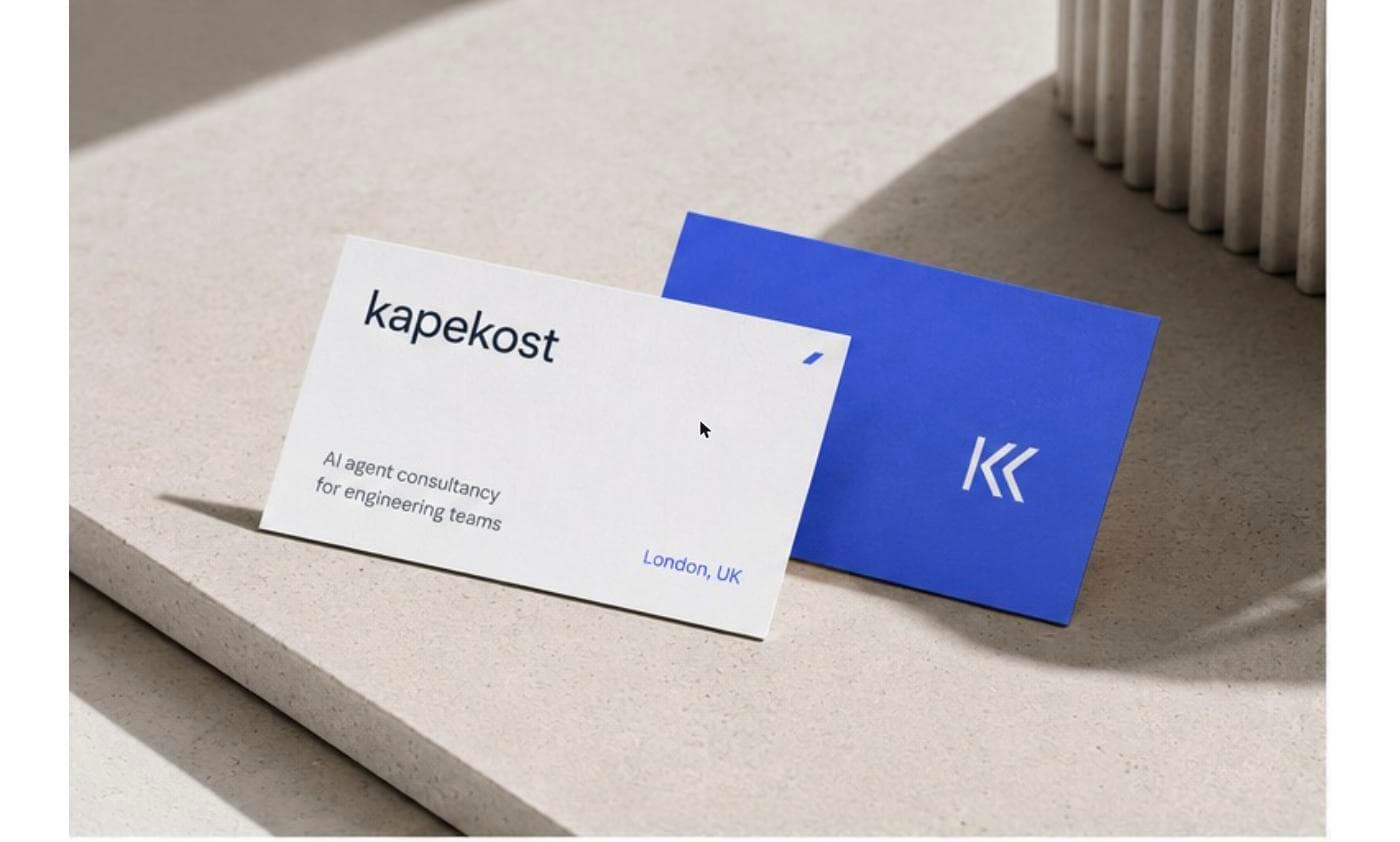 Kapekost business cards — AI agent consultancy for engineering teams, London UK
