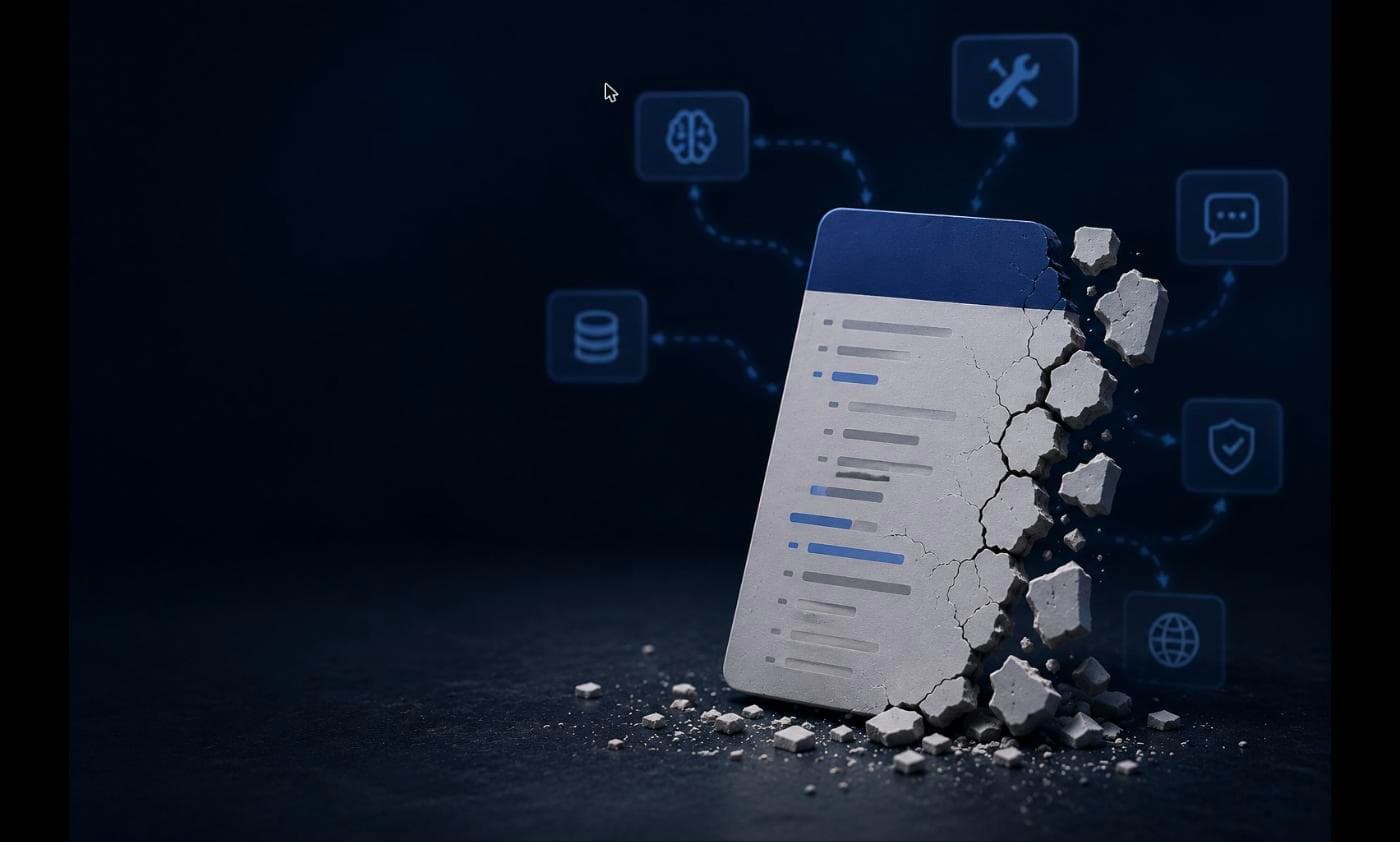 A configuration document fragmenting as AI workflow nodes surround it